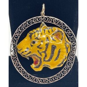 Vintage Chinese Export Silver China Enamel Tiger Filigree Border Pendant